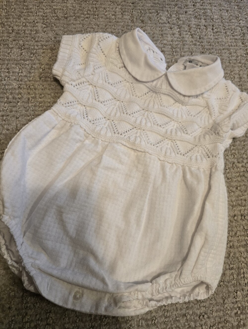 Sarah Louise Classic White Baby Bubble Romper with Peter Pan Collar